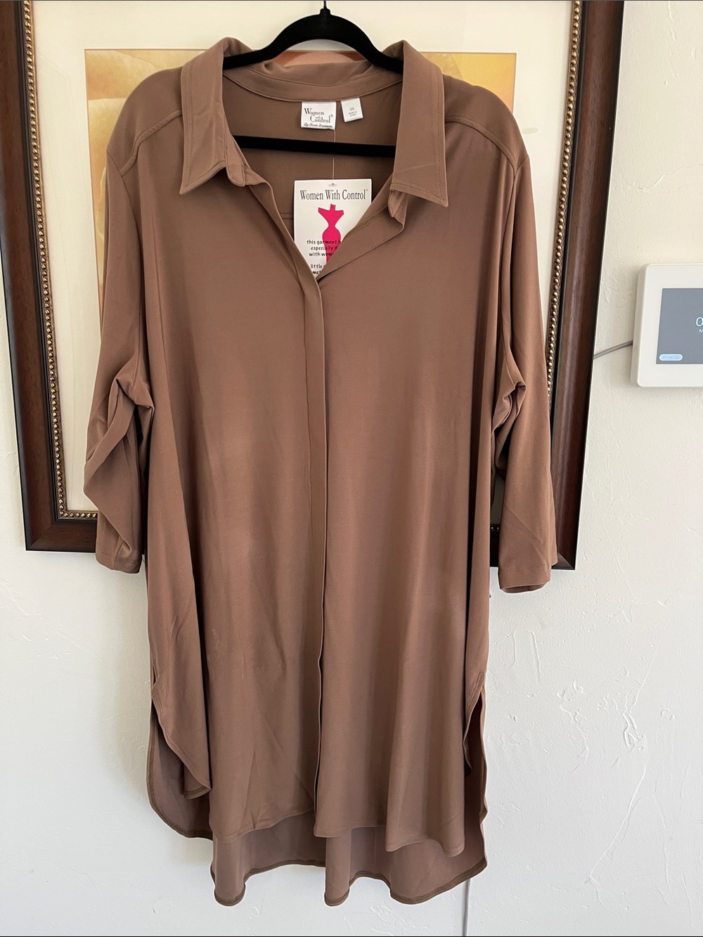 Women With Control Taupe Button-Front Tunic Shirt
